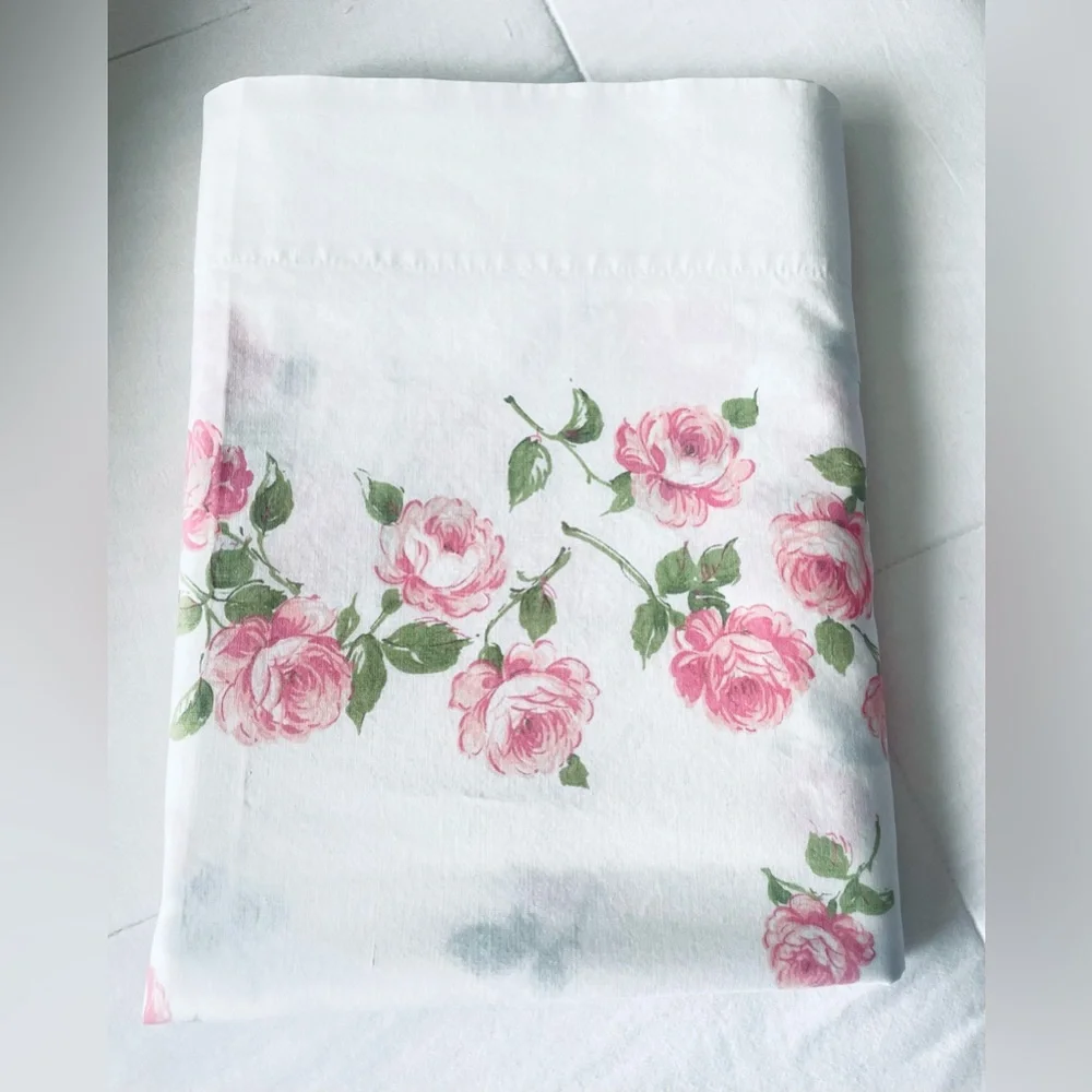 Vintage Flat Sheet Pink Roses Romantic Shabby Chic Cotton Blend Percale Twin Sz
